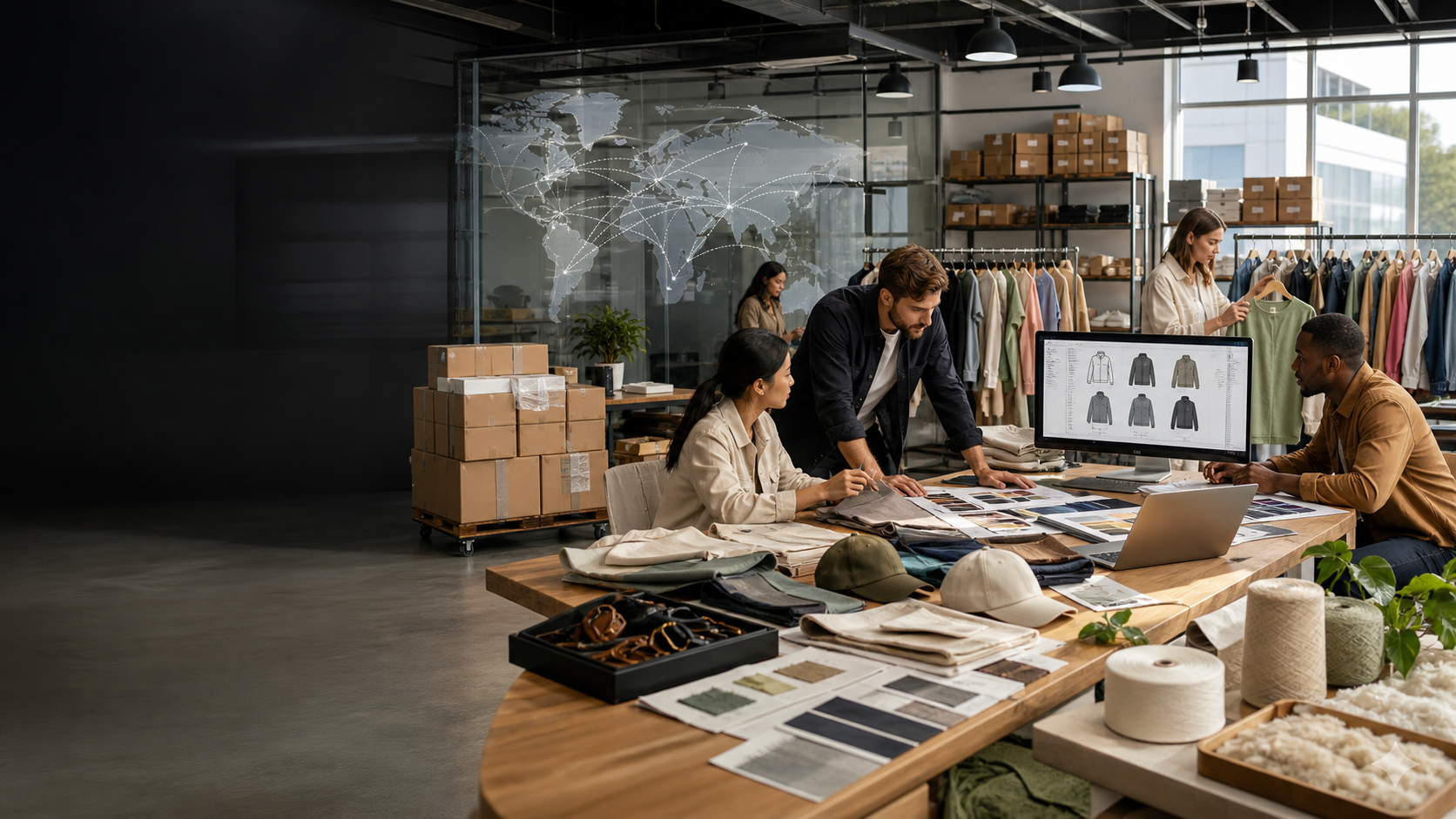 Broadwoven sourcing studio with apparel samples, logistics planning, and sustainable materials