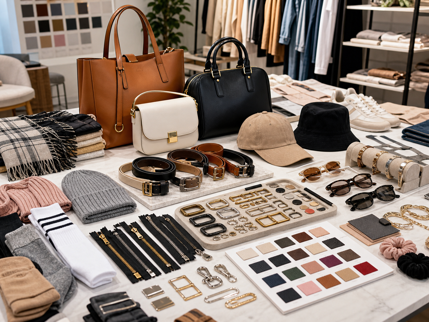 Fashion accessories sourcing samples including bags, belts and trims