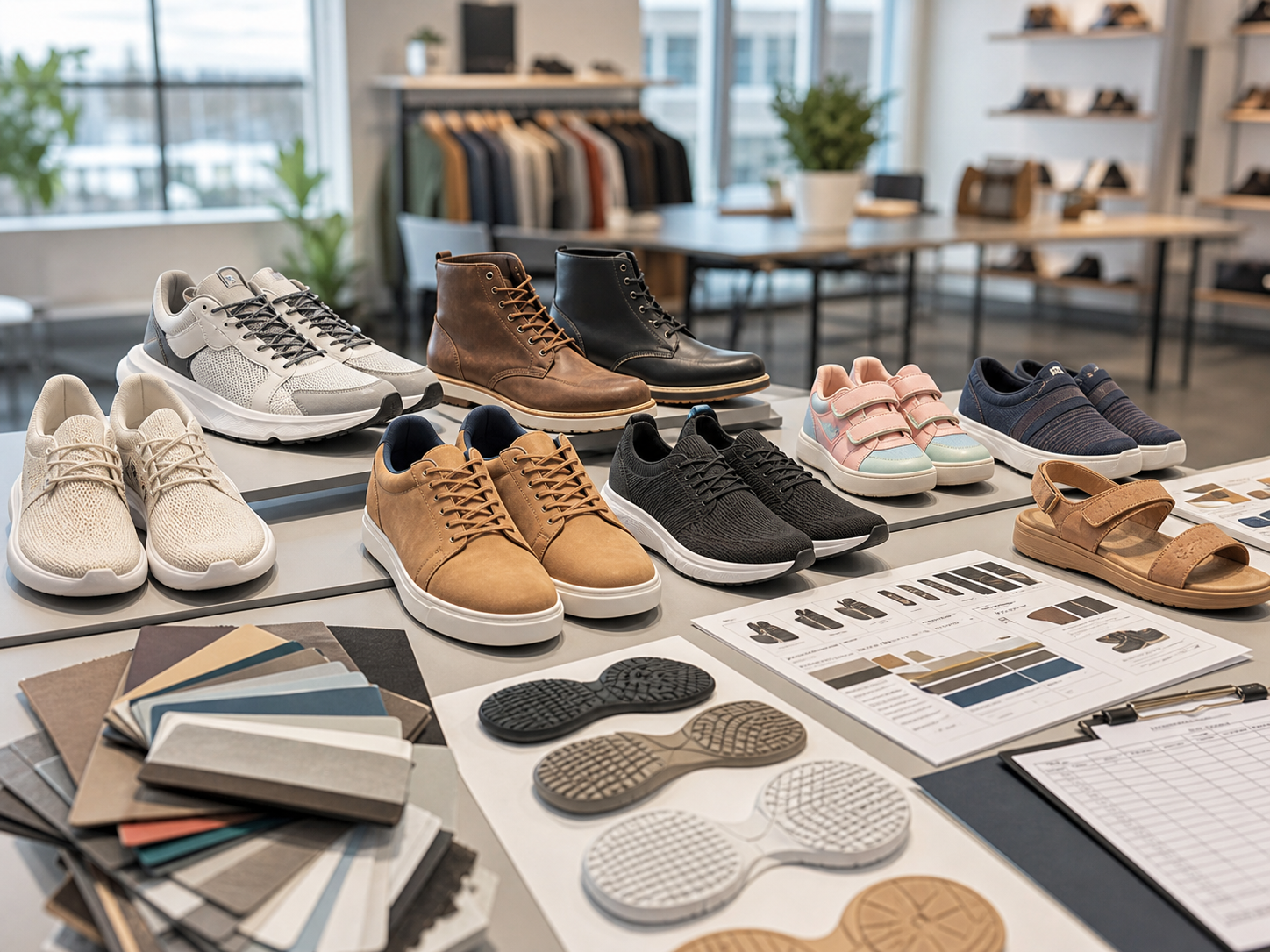 Footwear sourcing samples in a showroom